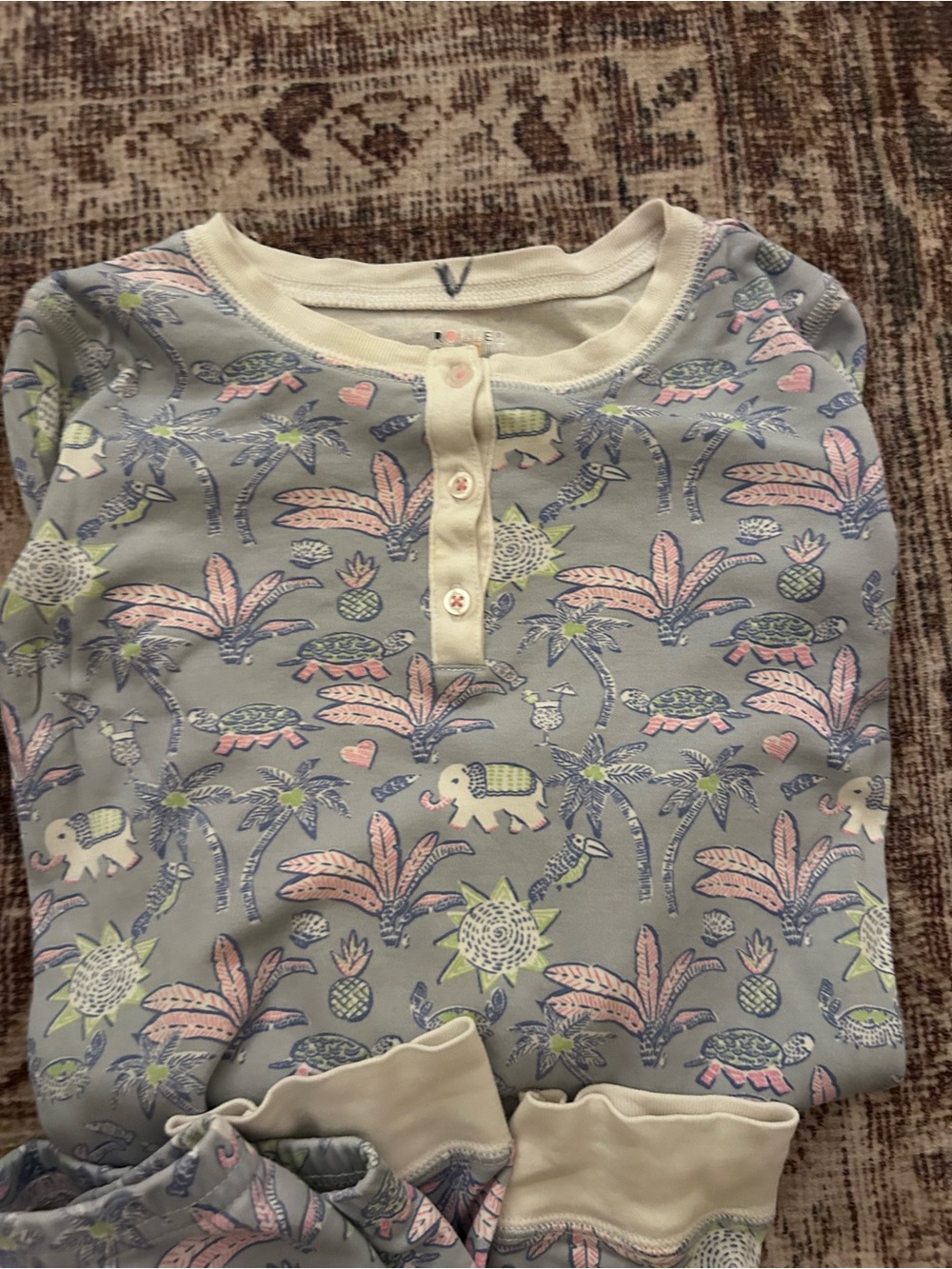 Roller Rabbit Grey Pajama Set with Pink and Light Green Tropical Print